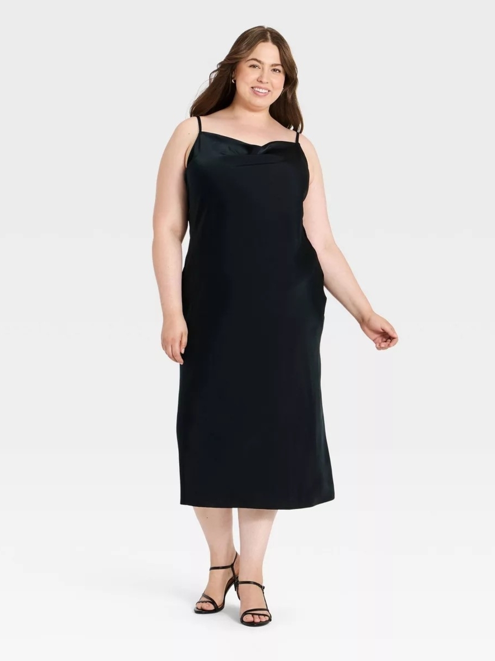 Elegant Black Slip Midi Dress with Thib Straps. Plus Size 3x.